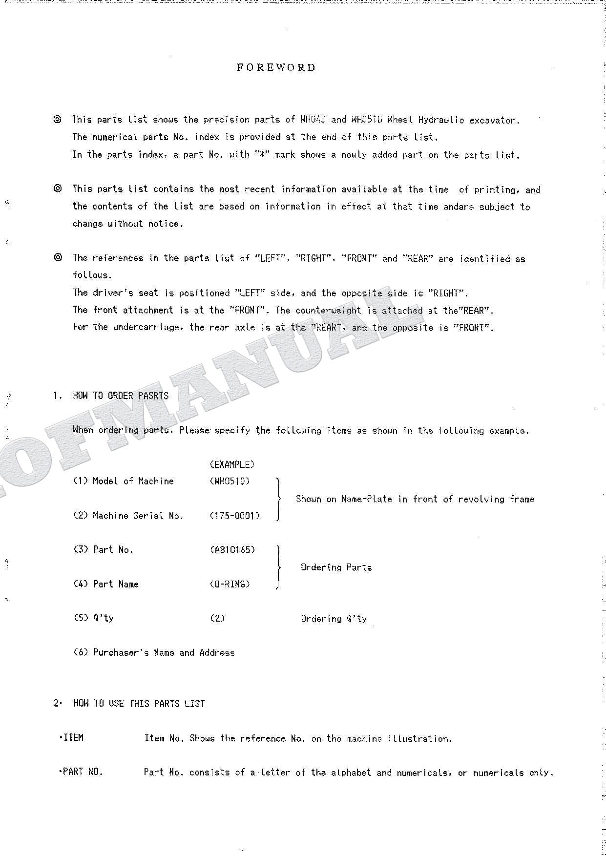 HITACHI WH04D WH051D Equip Component Excavator Parts Catalog Manual SN 175-0001-