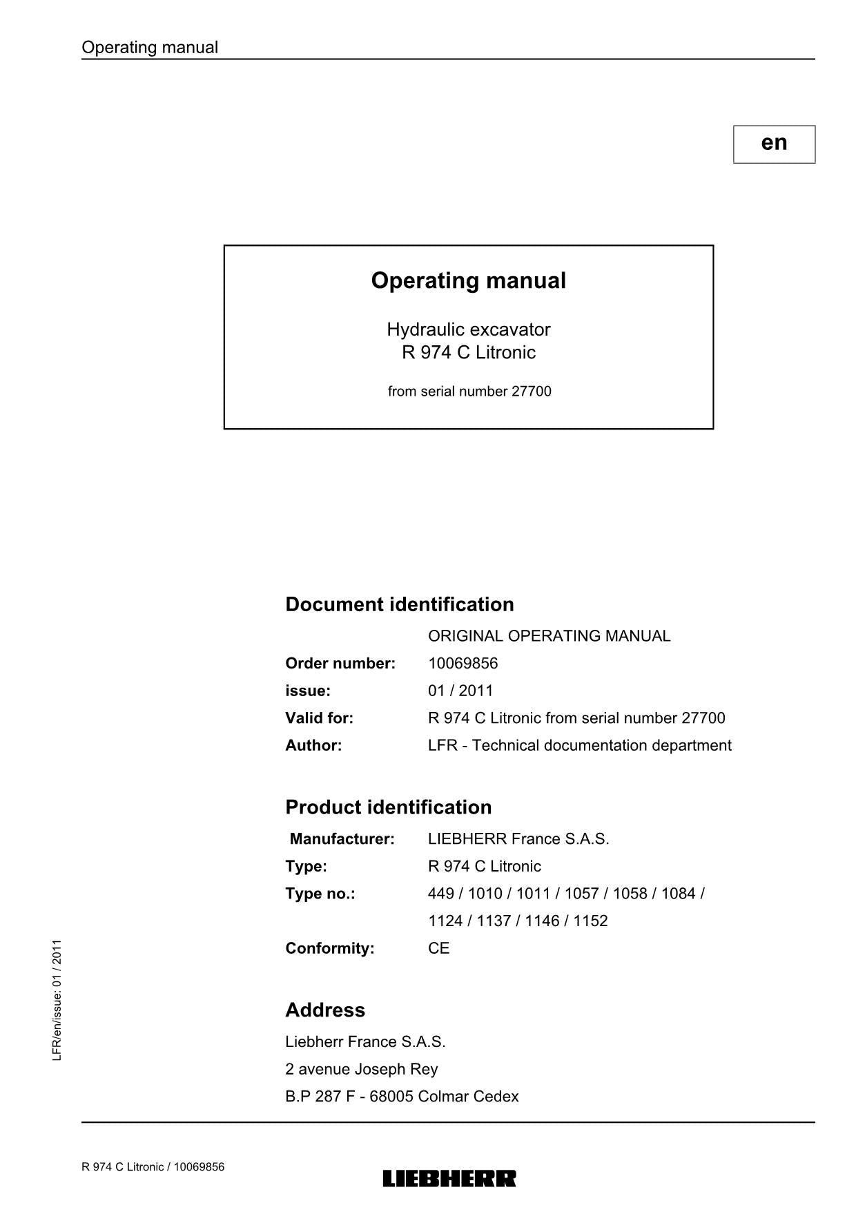 Liebherr R974 C-Litronic Excavator Operators manual serial 27700