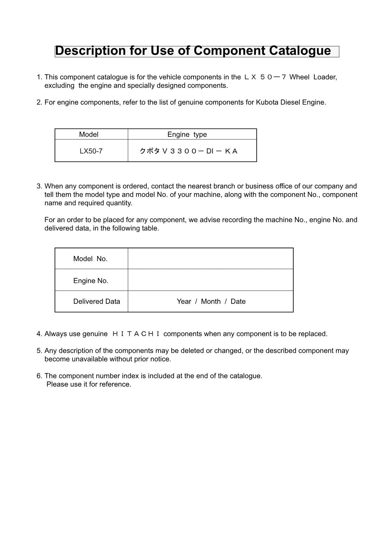 Hitachi LX50-7 Wheel Loader Parts Catalog Manual SN 001001-up
