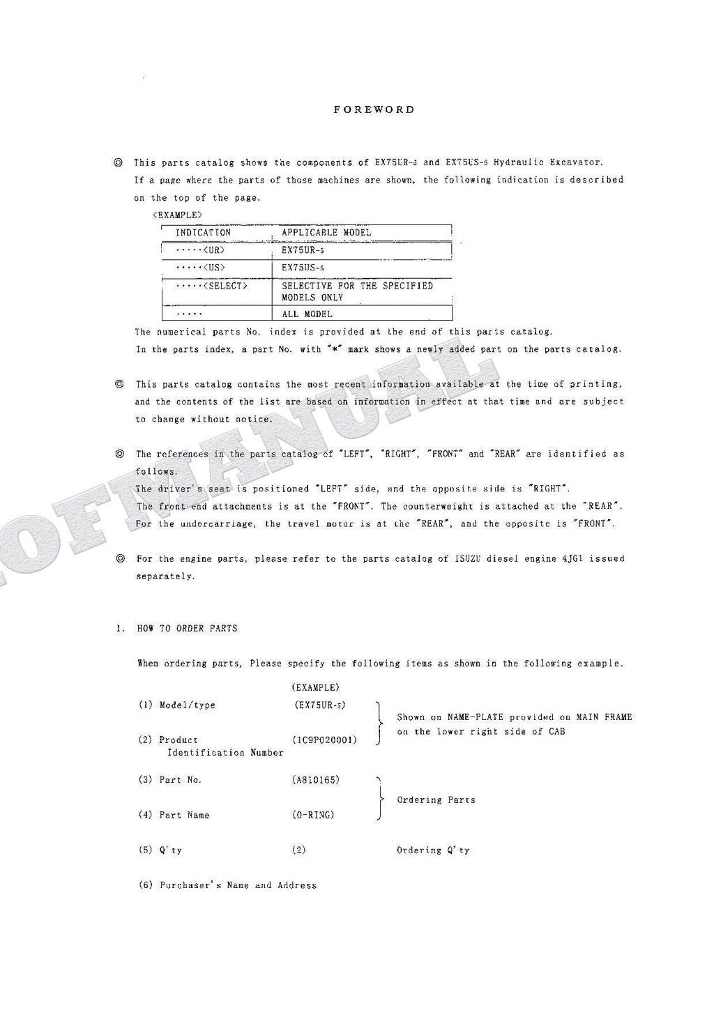 HITACHI EX75UR-5 EX75US-5 Excavator Parts Catalog Manual