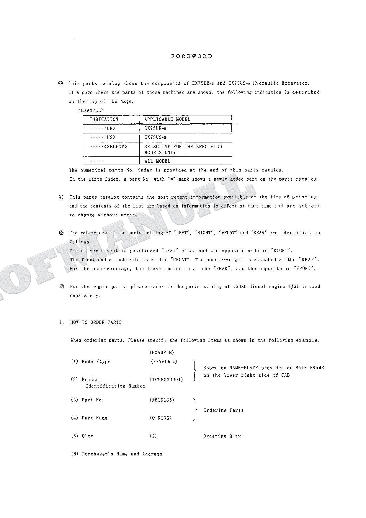 HITACHI EX75UR-5 EX75US-5 Excavator Parts Catalog Manual