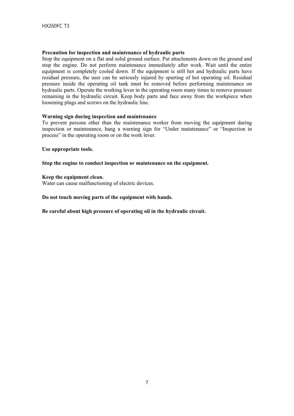 Hyundai HX260FC T3 CRAWLER EXCAVATOR Operators Maintenance Manual