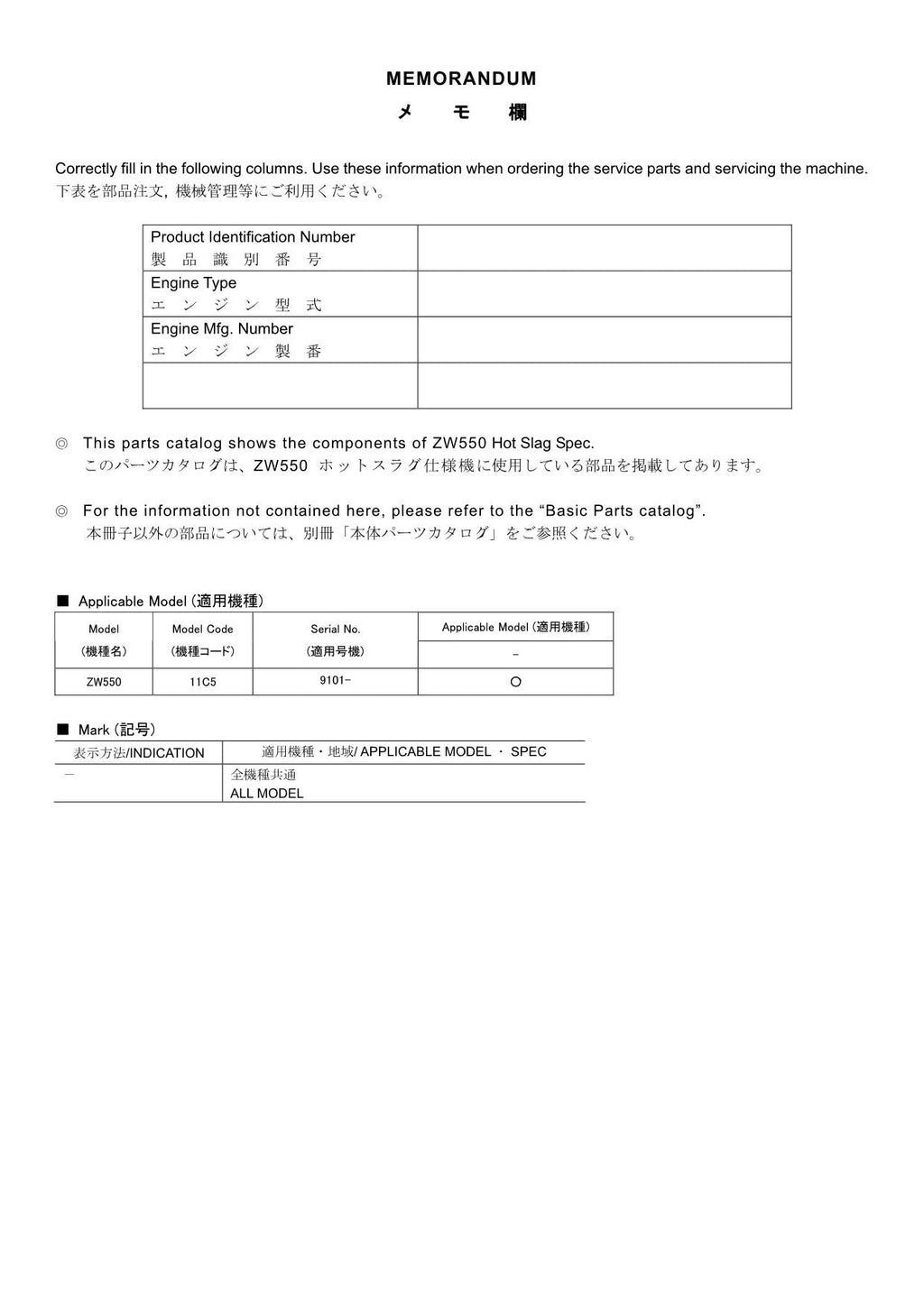 Hitachi ZW550 Hot Slag Spec Wheel Loader Parts Catalog Manual SN 9101-up