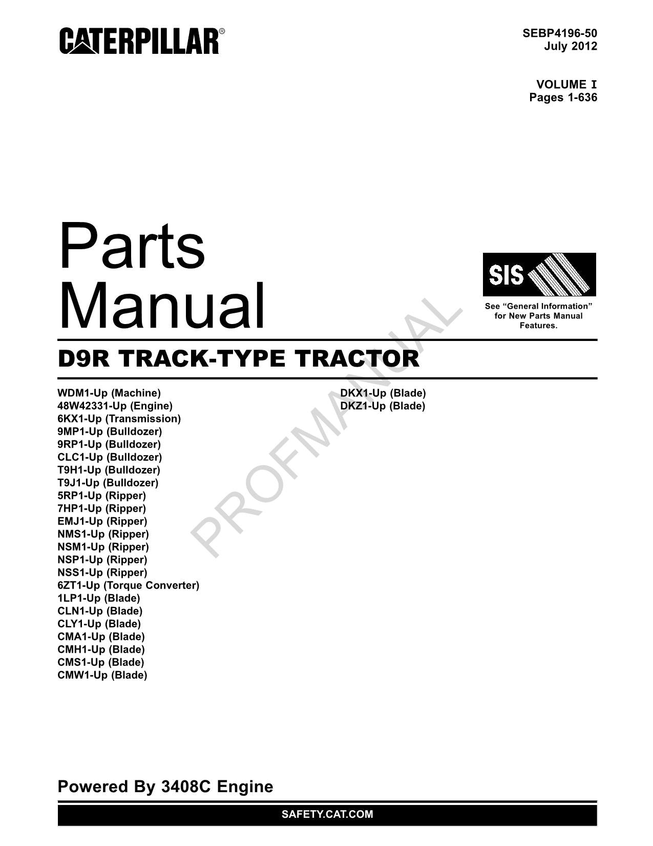 Caterpillar Cat D9R Track Type Tractor Parts Catalog Manual SEBP4196