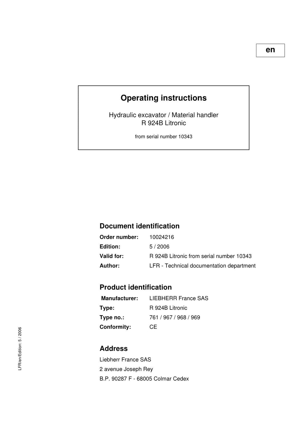 Liebherr R924 B Litronic Excavator Operators manual