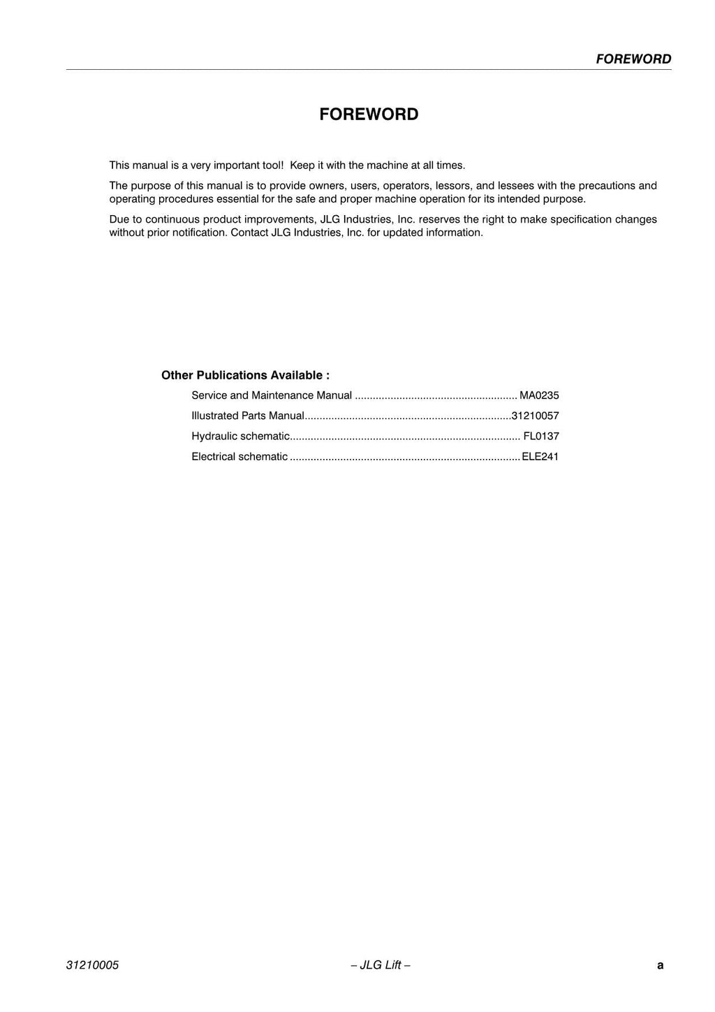 TOUCAN 1010 1010I Vertical Lift Maintenance Operation Operators Manual