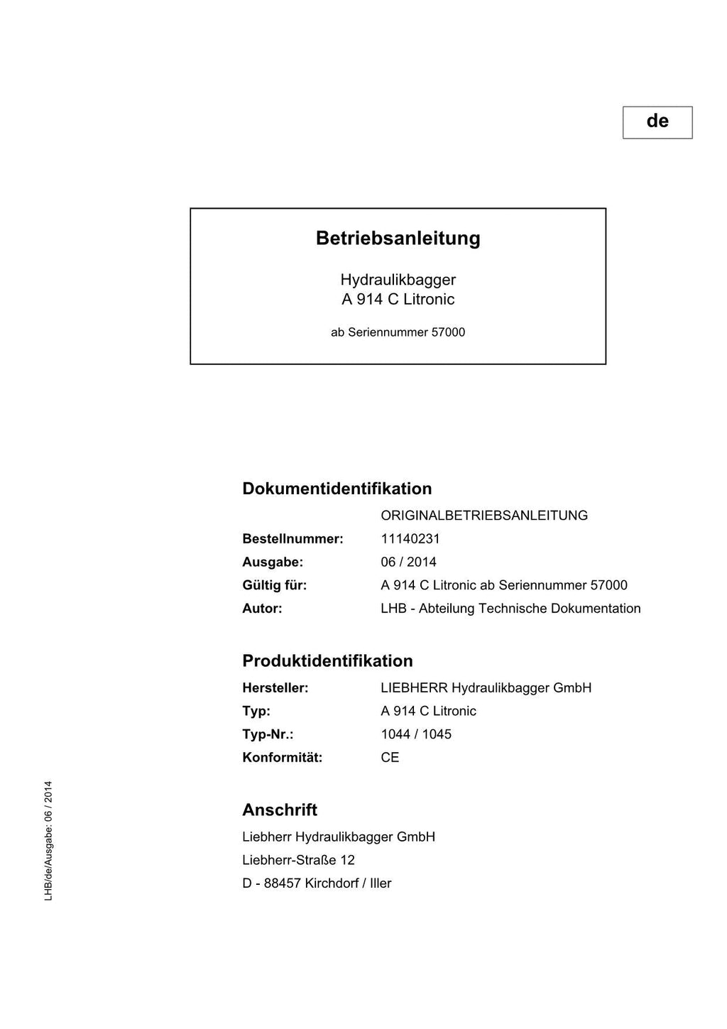 Liebherr A914 C Litronic Hydraulikbagger Betriebsanleitung
