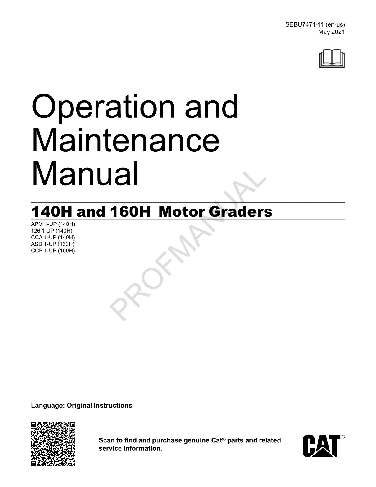 Manual de mantenimiento del operador de motoniveladoras Caterpillar 140H y 160H SEBU7471