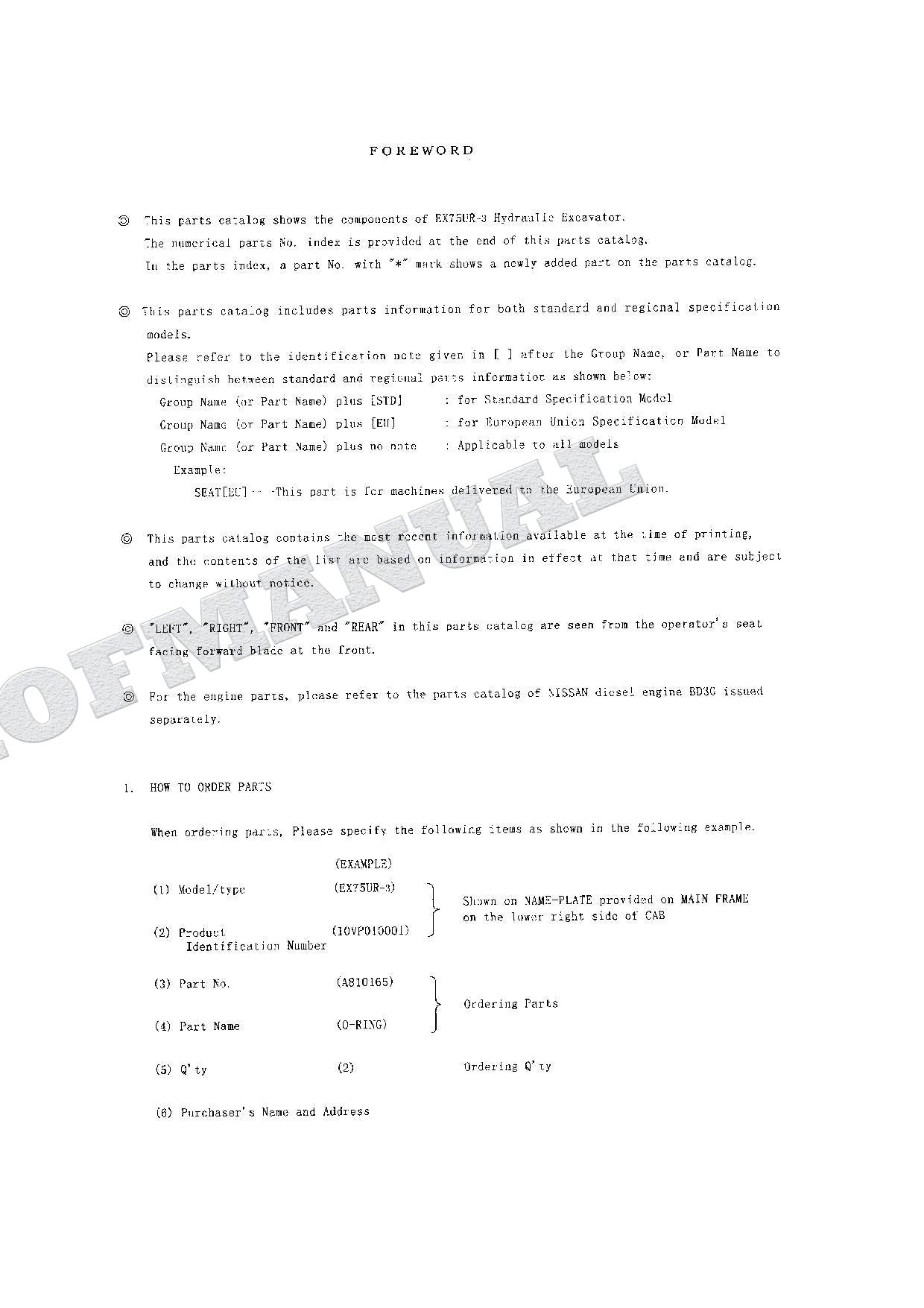 HITACHI EX75UR-3 Excavator Parts Catalog Manual SN 010001-