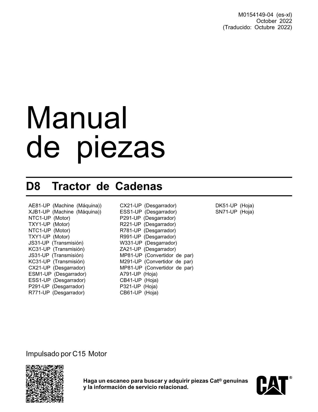 Caterpillar D8 Tractor de Cadenas Manual de piezas M0154149ES-XL Español