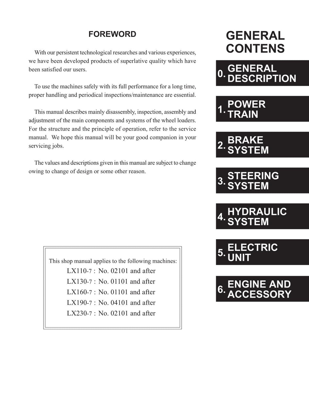 Hitachi LX110-7 LX130-7 LX160-7 LX190-7 LX230-7 Loader Workshop Manual