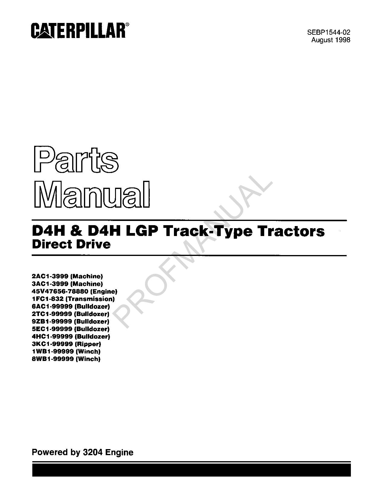 Caterpillar Cat D4H D4H LGP Track Type Tractor Direct Drive Parts Catalog Manual