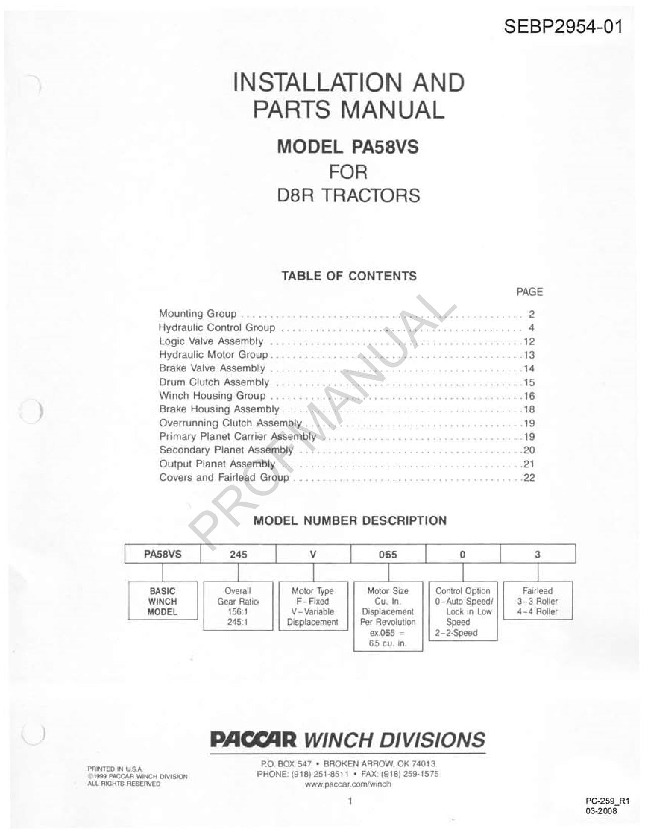 Caterpillar Cat PA58VS D8R Tractor Parts Catalog Manual SEBP2954