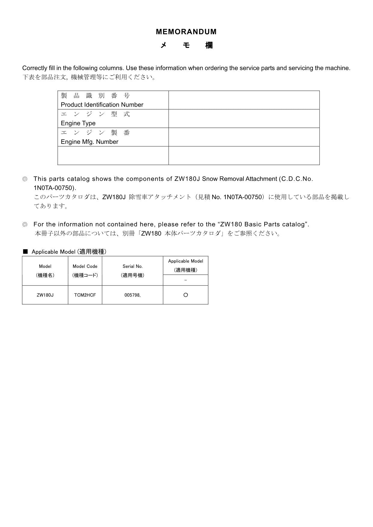 Hitachi ZW180J No.1N0TA-00750 Wheel Loader Parts Catalog Manual SN 005798