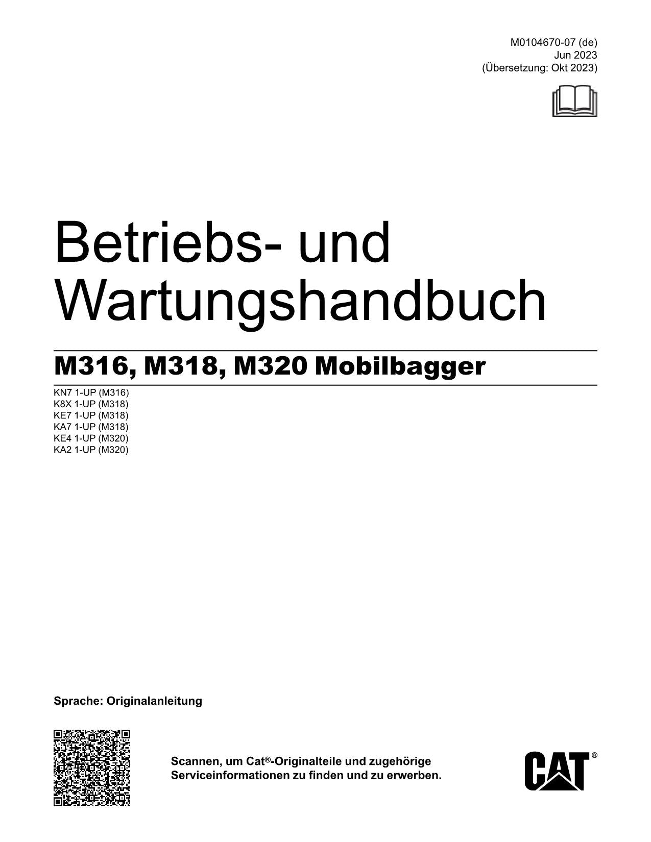 Caterpillar M316 M318 M320 Bagger Betriebsanleitung Wartungshandbuch