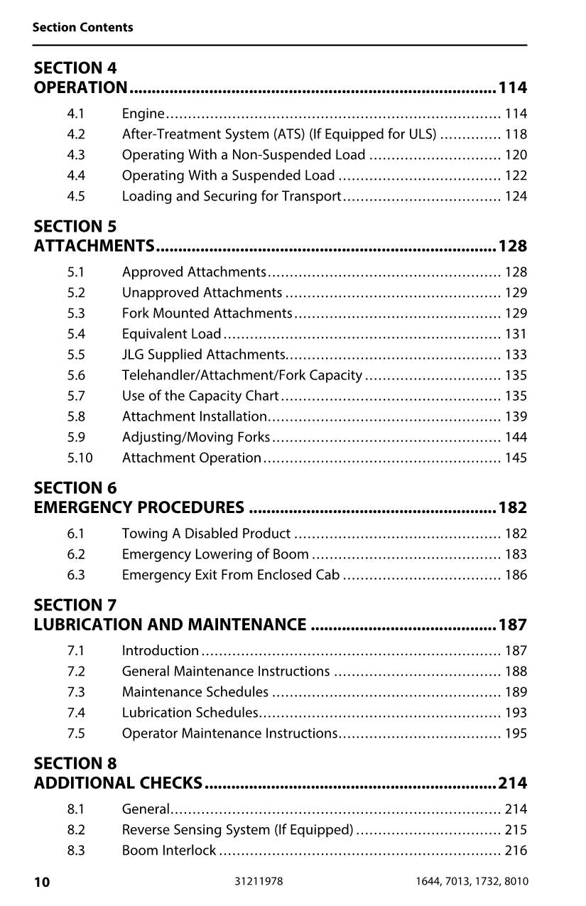 Manual del operador de mantenimiento de manipuladores telescópicos JLG 1644 1732 7013 8010 31211978