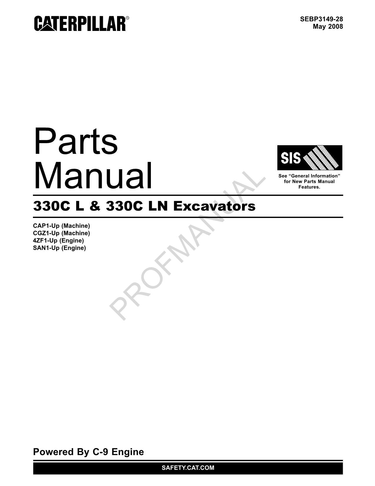 Caterpillar Cat 330C L 330C LN Excavator Parts Catalog Manual