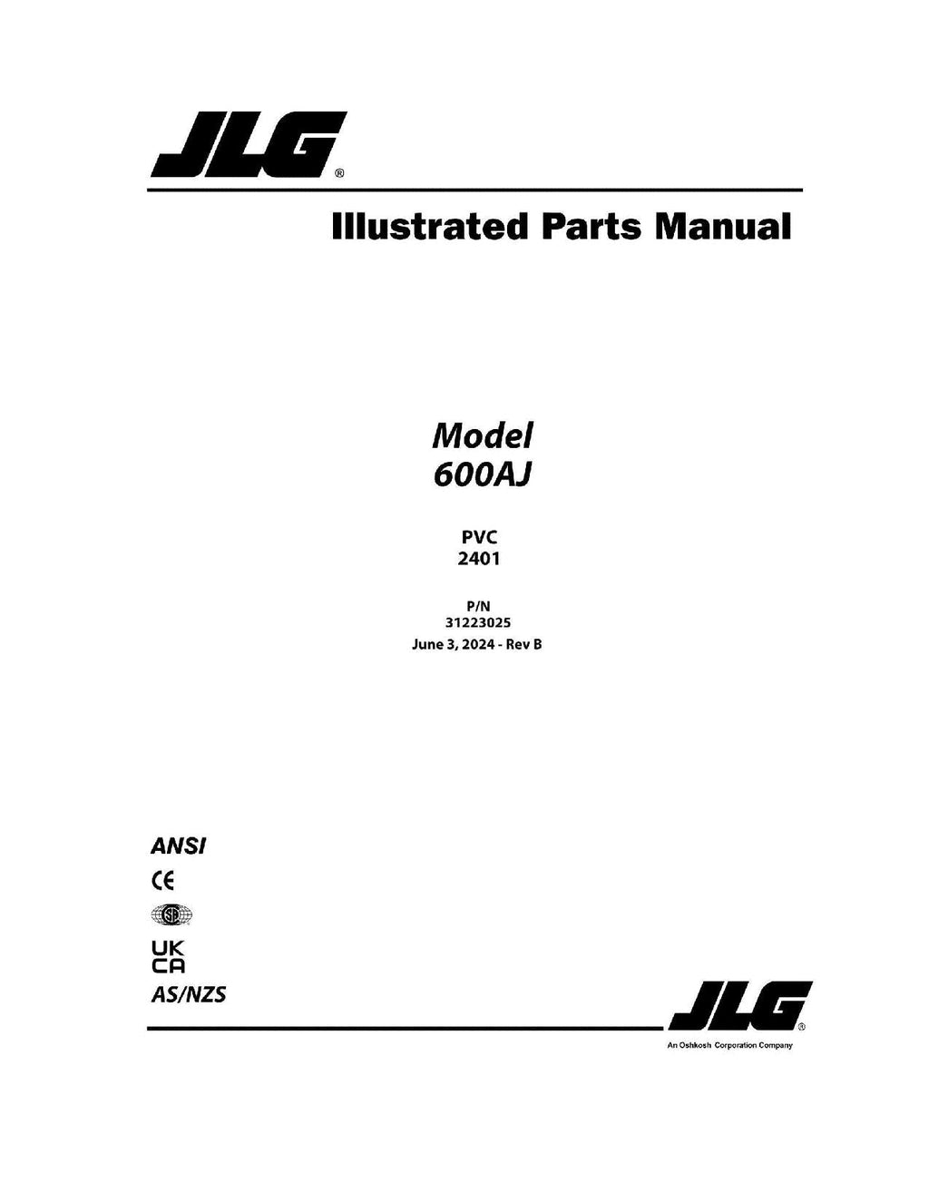 JLG 600AJ  Boom Lift Parts Catalog Manual