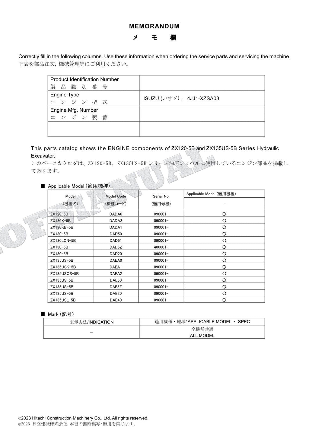 HITACHI ZX120-5B 135US-5B Series ISUZU 4JJ1-XZSA03 Engine Parts Catalog Manual