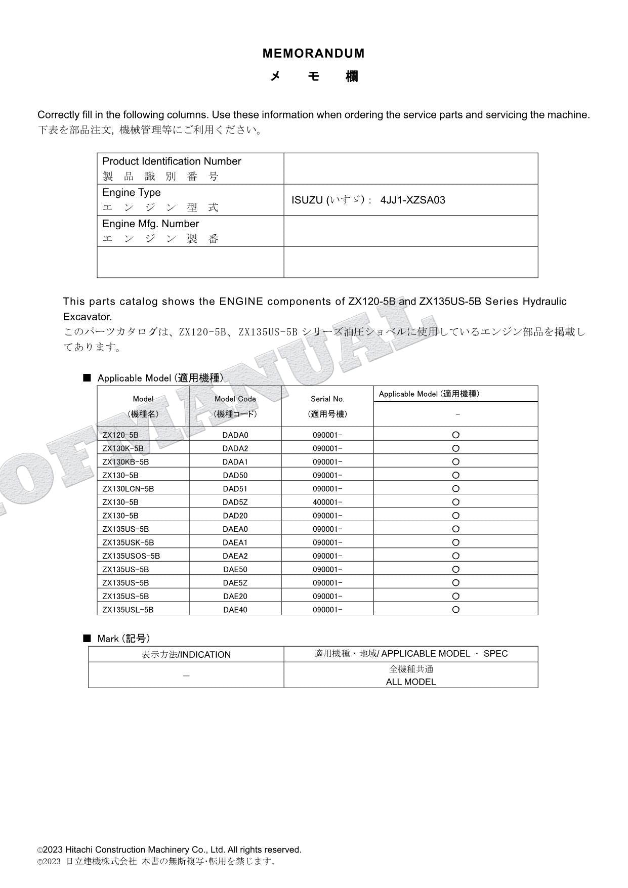 HITACHI ZX120-5B 135US-5B Series ISUZU 4JJ1-XZSA03 Engine Parts Catalog Manual