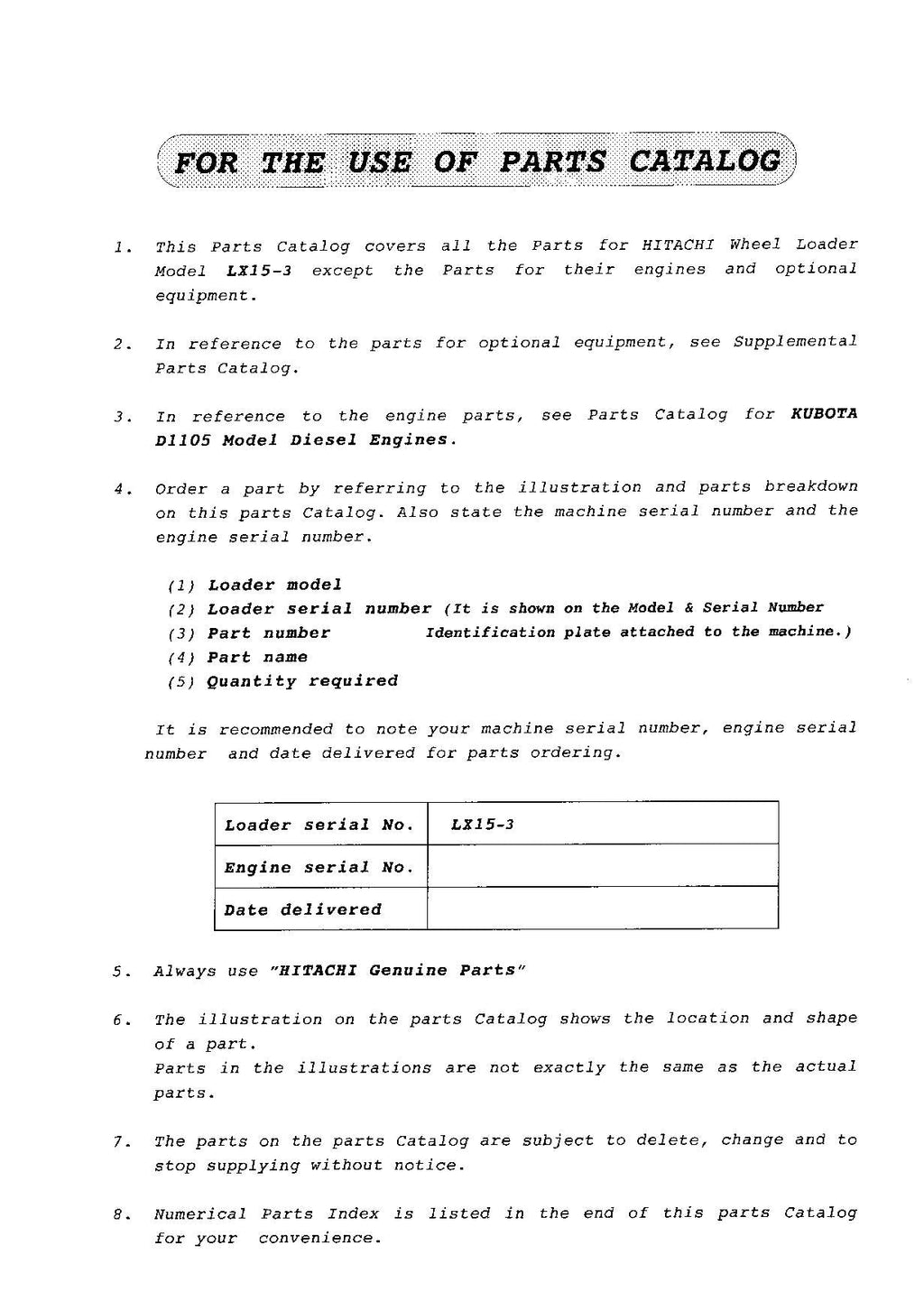 Hitachi LX15-3 Wheel Loader Parts Catalog Manual SN all
