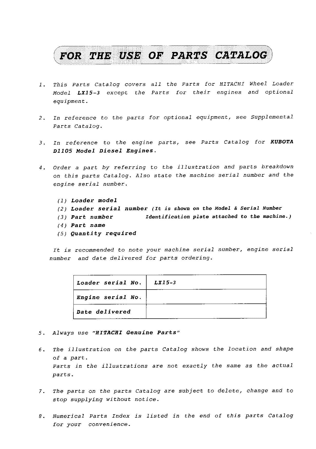 Hitachi LX15-3 Wheel Loader Parts Catalog Manual SN all