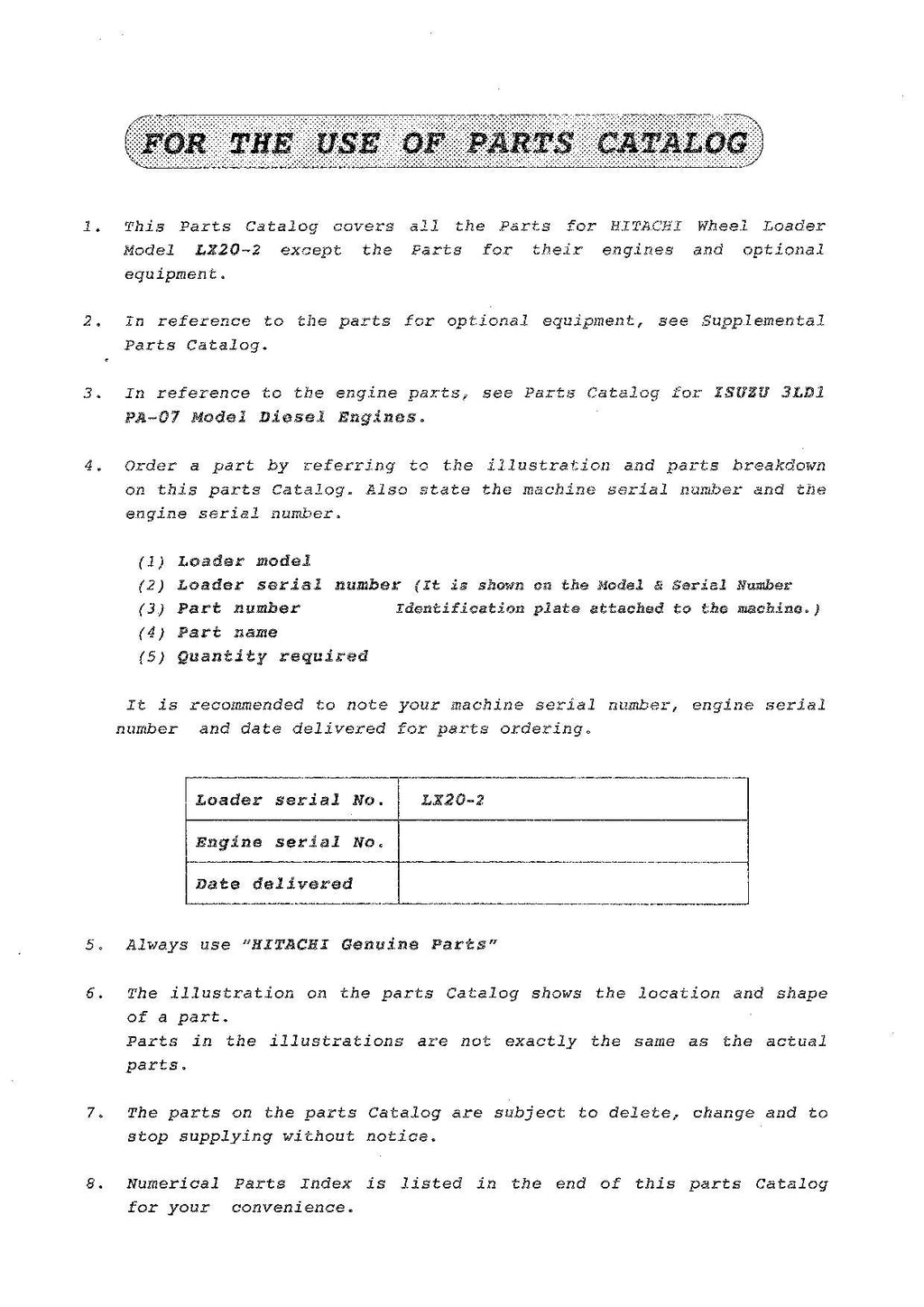 Hitachi LX20-2 Wheel Loader Parts Catalog Manual SN all