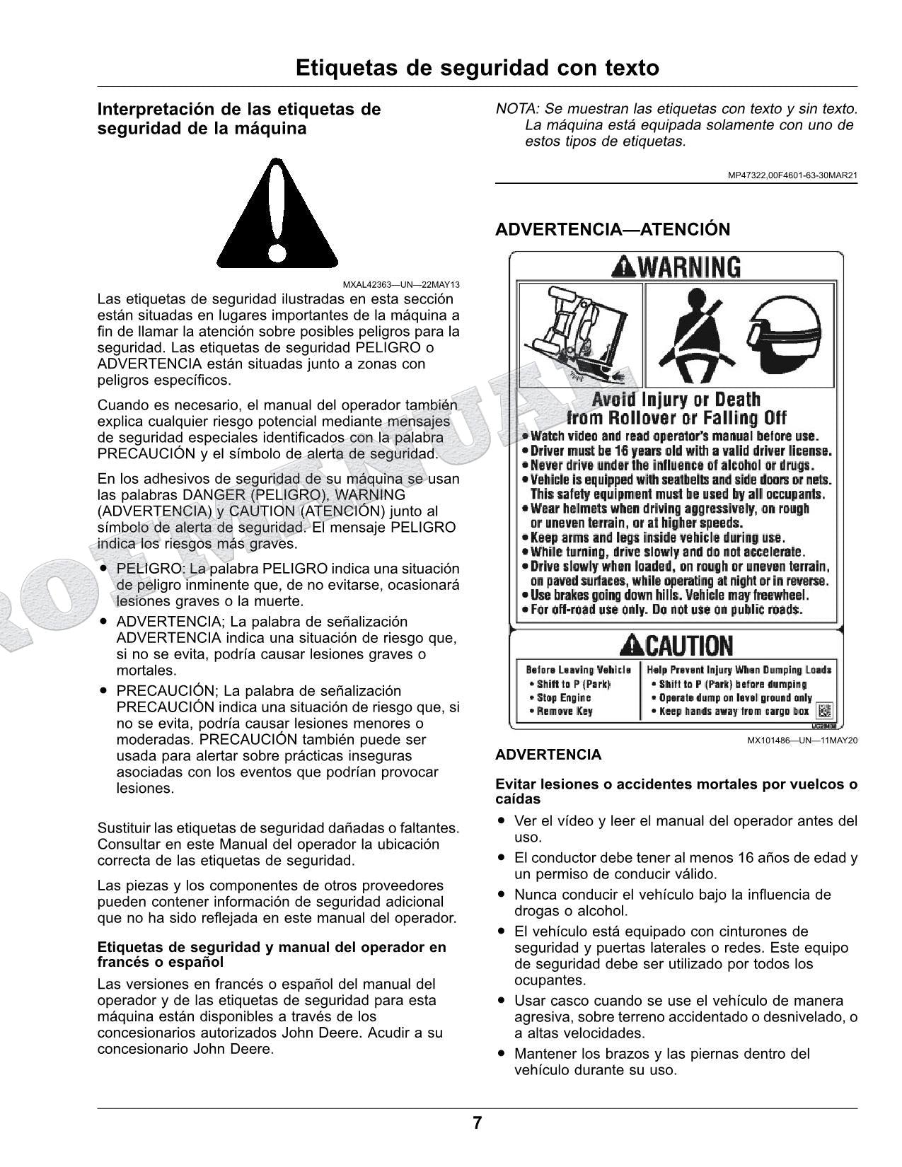 John Deere XUV825M S4 cocodrilo Manual del Operador Español SN 050001-070000