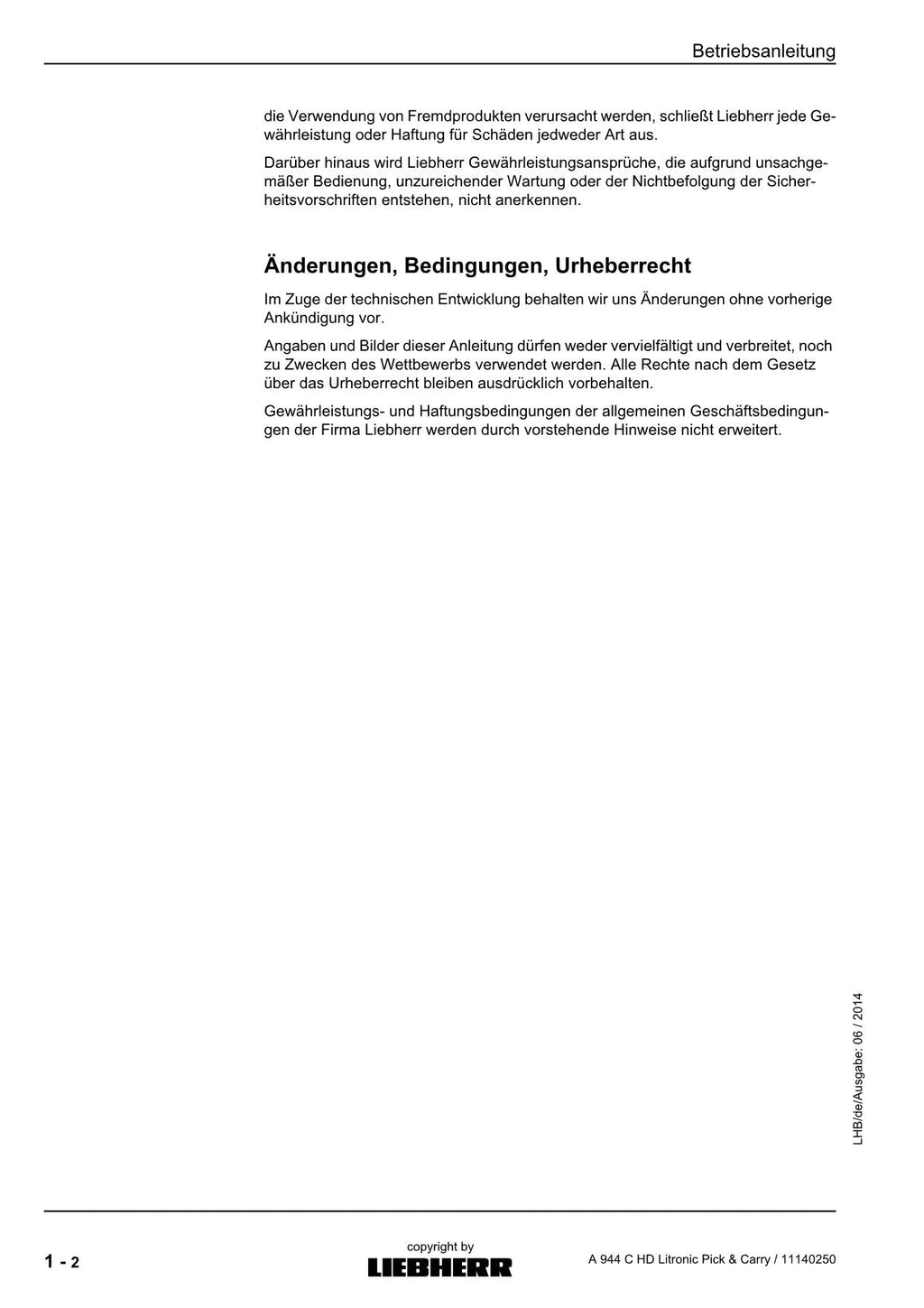 Liebherr A944 C HD Litronic Pick Carry Umschlaggerät Betriebsanleitung 11140250