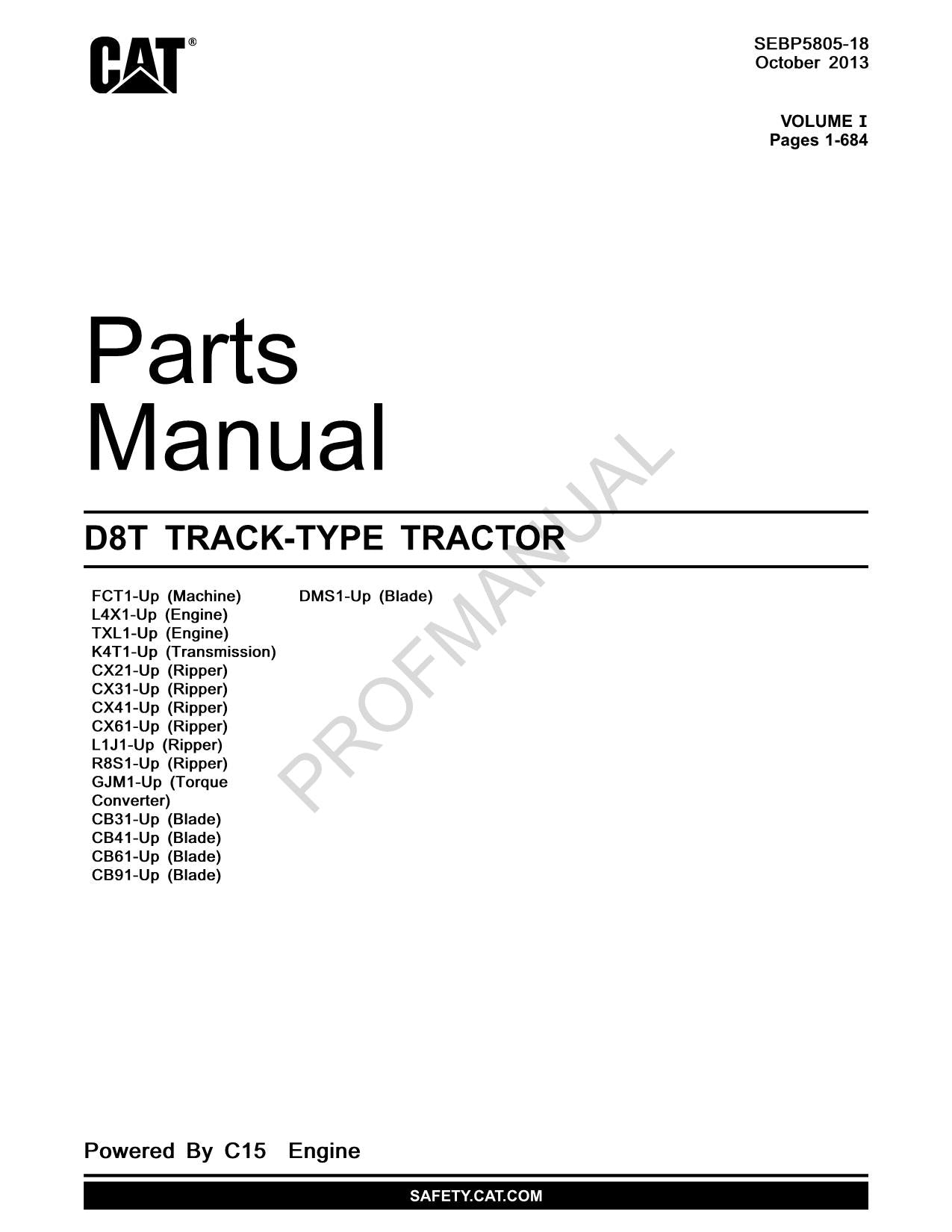 Caterpillar Cat D8T Track Type Tractor Parts Catalog Manual SEBP5805