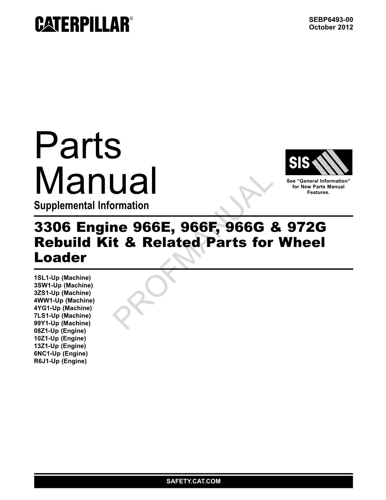 Caterpillar 3306 Engine 966E 966F 966G 972G Loader SUPPL Parts Catalog Manual