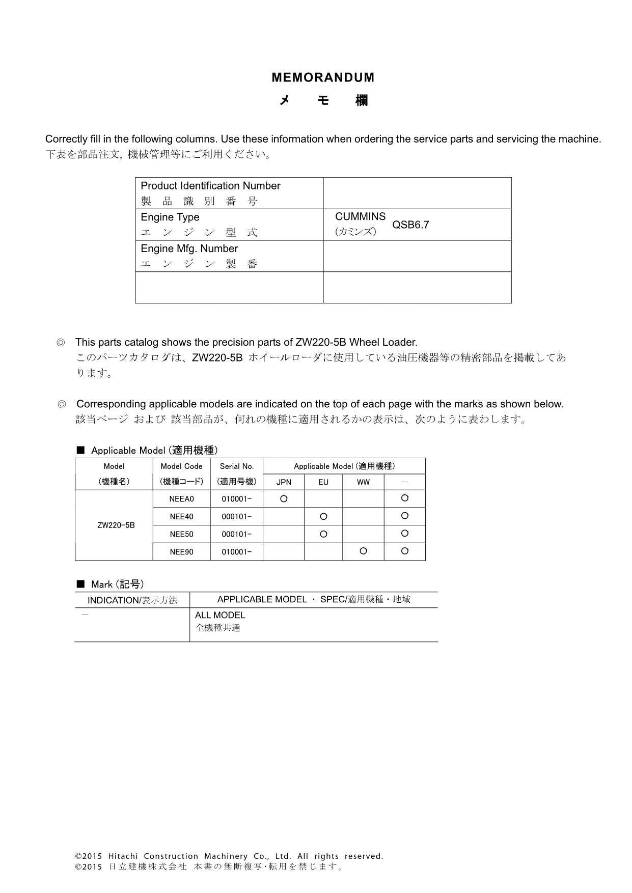 Hitachi ZW220-5B Equipment Component Wheel Loader Parts Catalog Manual