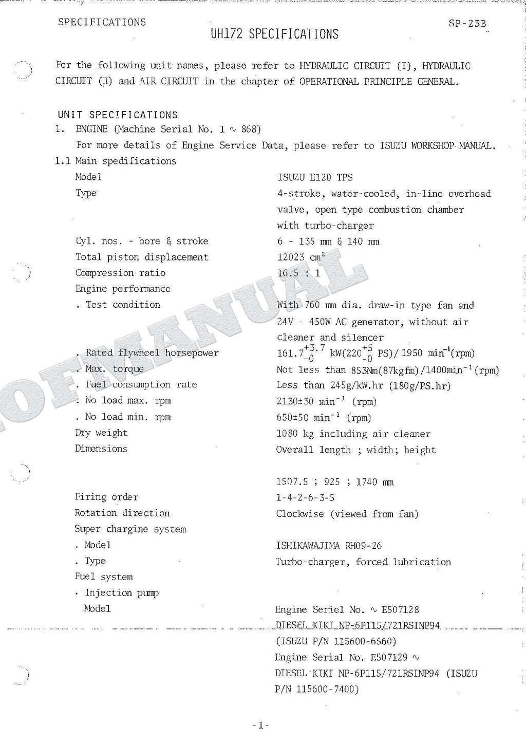 HITACHI UH172 Excavator Repair Service Manual Specification