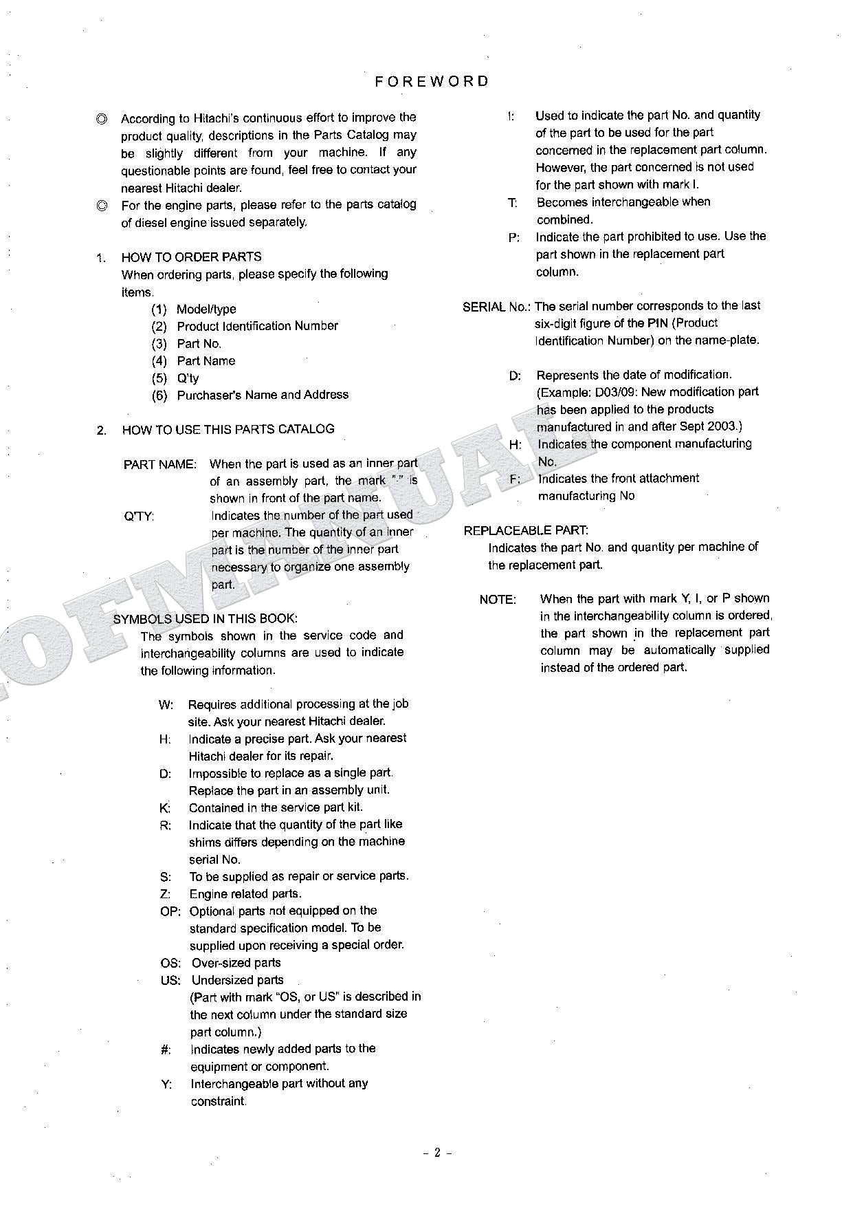 HITACHI ZAXIS ZX130L Forestry Spec Excavator Parts Catalog Manual