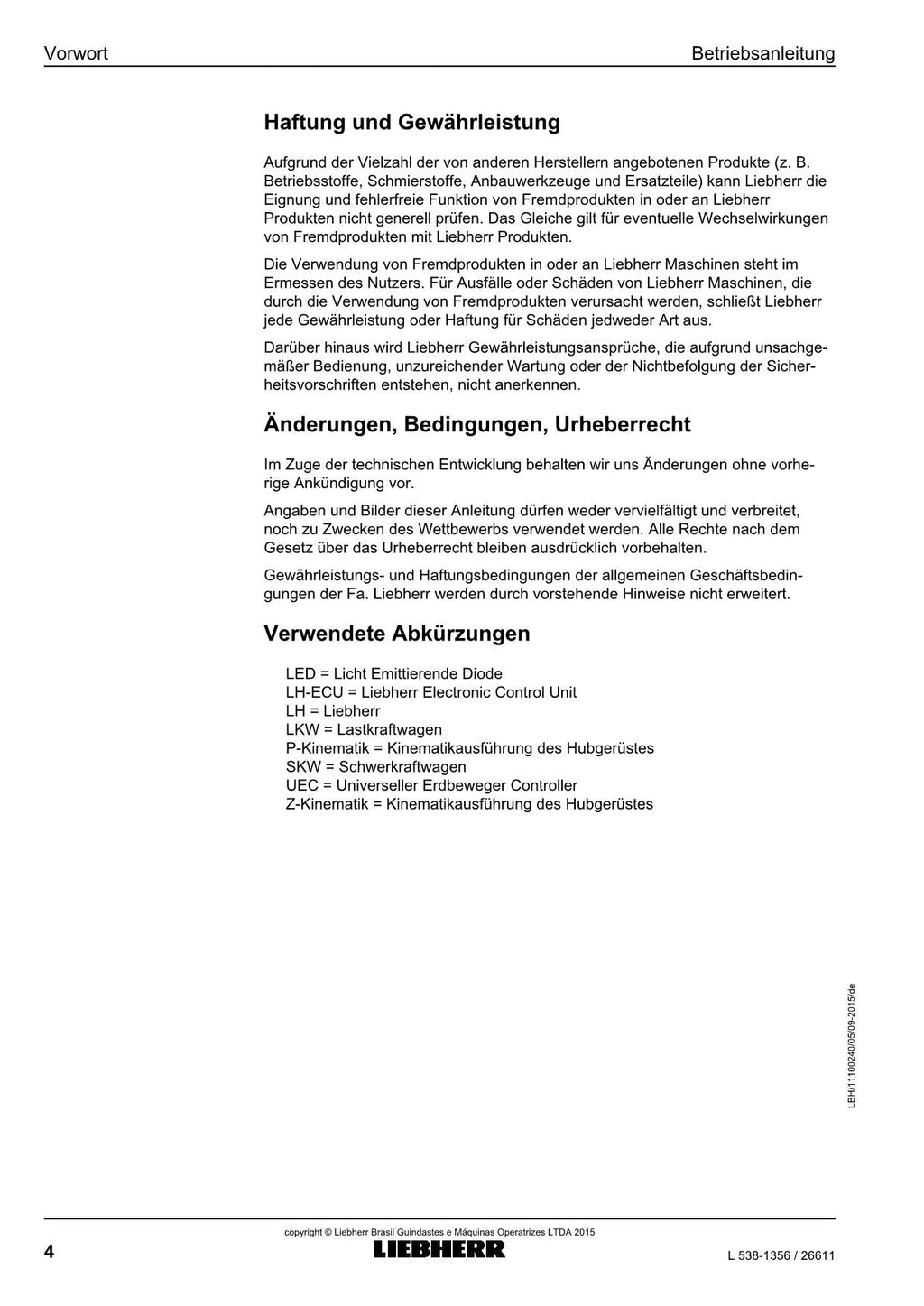 Liebherr L538 Radlader Betriebsanleitung ser 26611