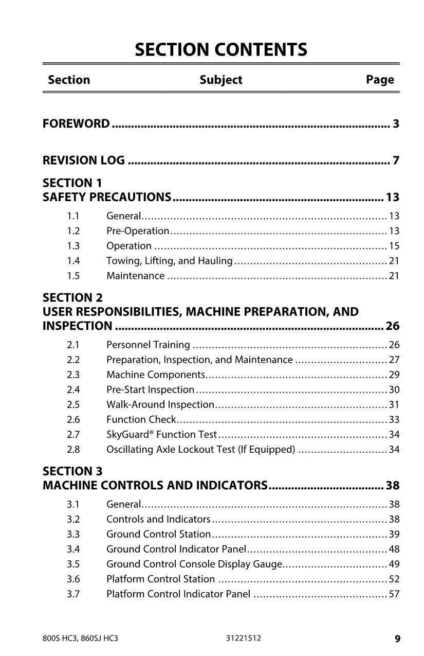 JLG 800S HC3 860SJ HC3 Boom Lift Maintenance Operation Operators Manual 31221512