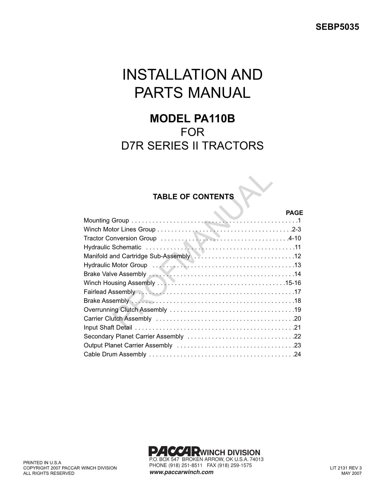 Caterpillar Cat Model PA110B D7R Series II Tractor Parts Catalog Manual SEBP5035