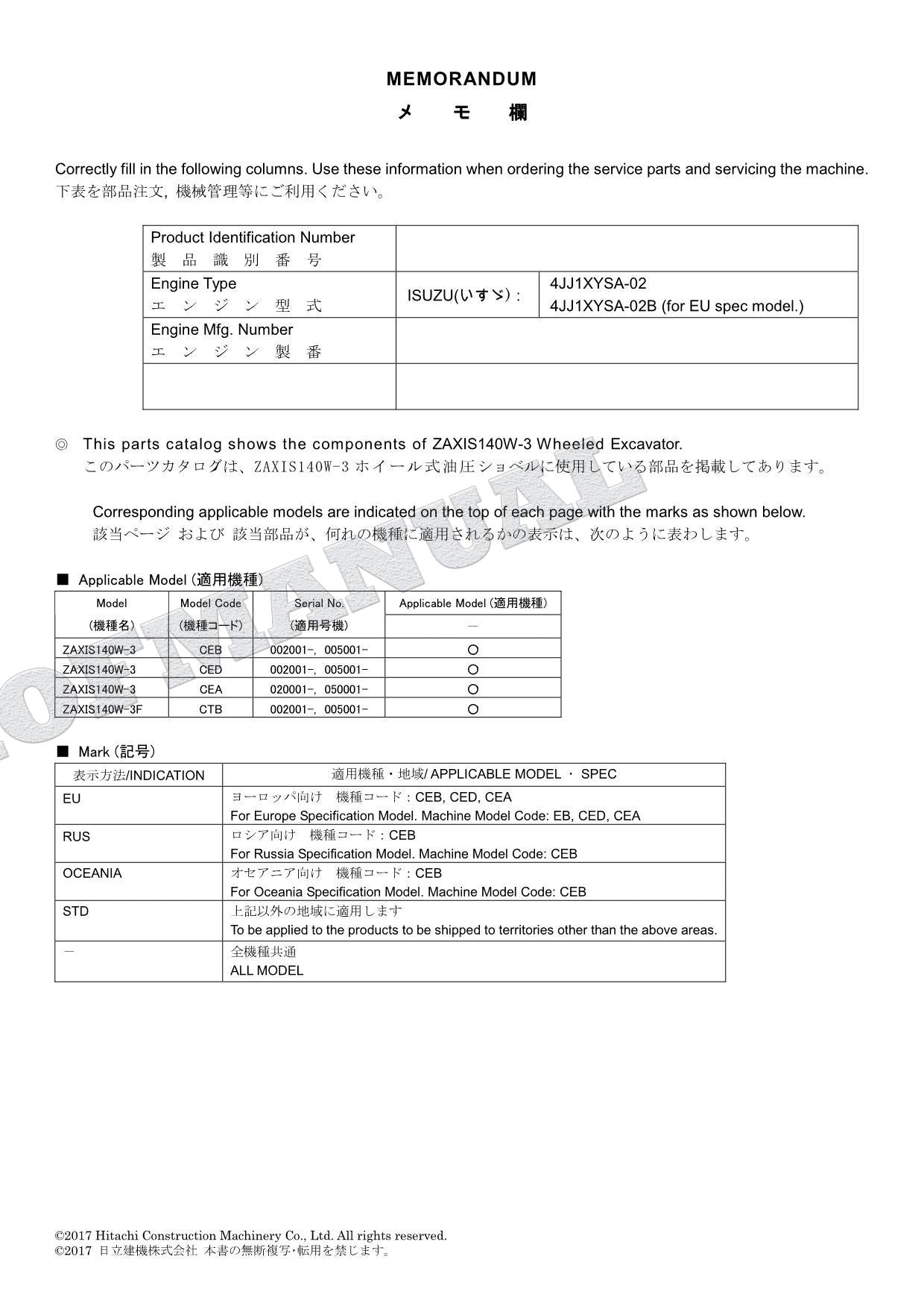 HITACHI ZAXIS ZX140W-3 Excavator Parts Catalog Manual