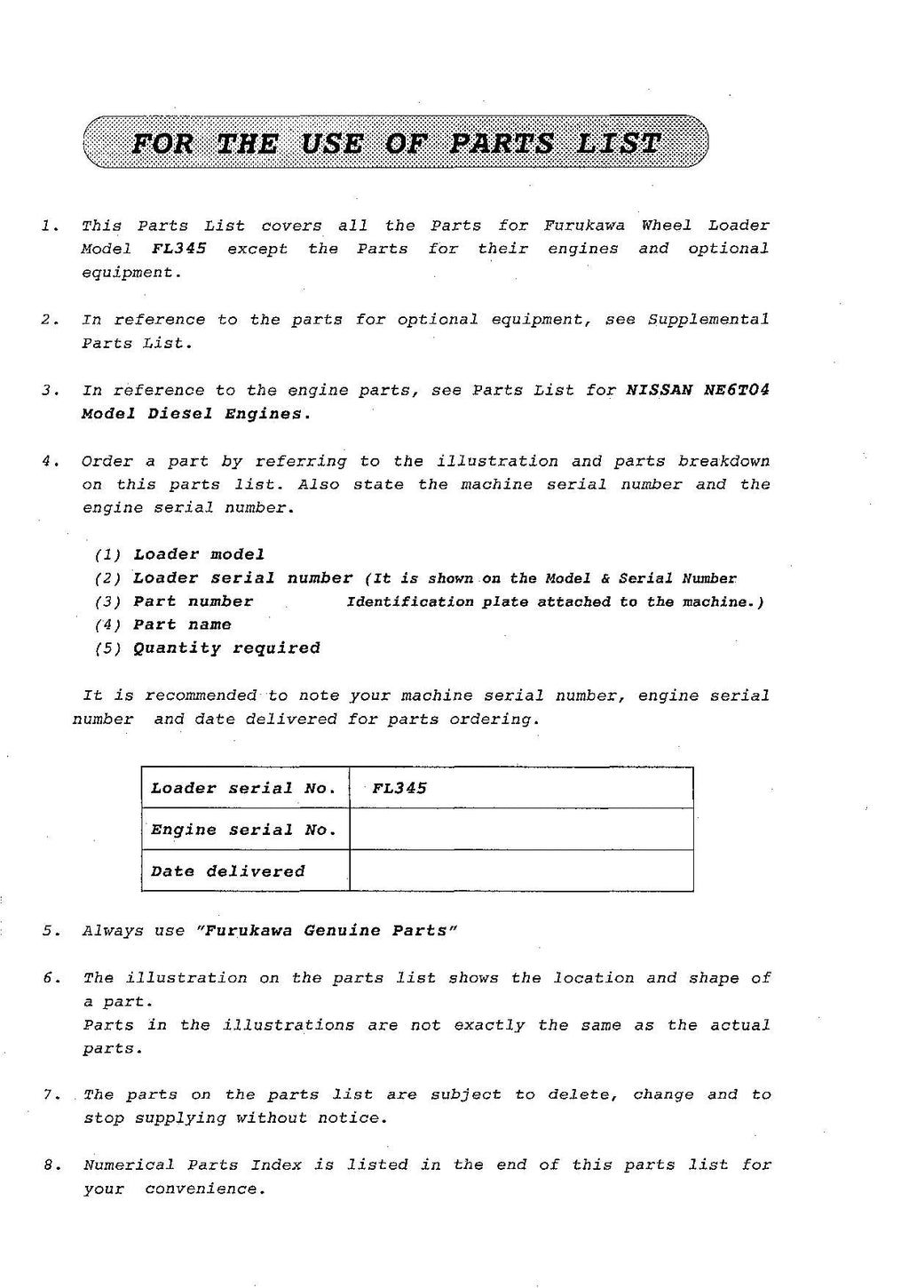 Hitachi FL345 Wheel Loader Parts Catalog Manual SN all