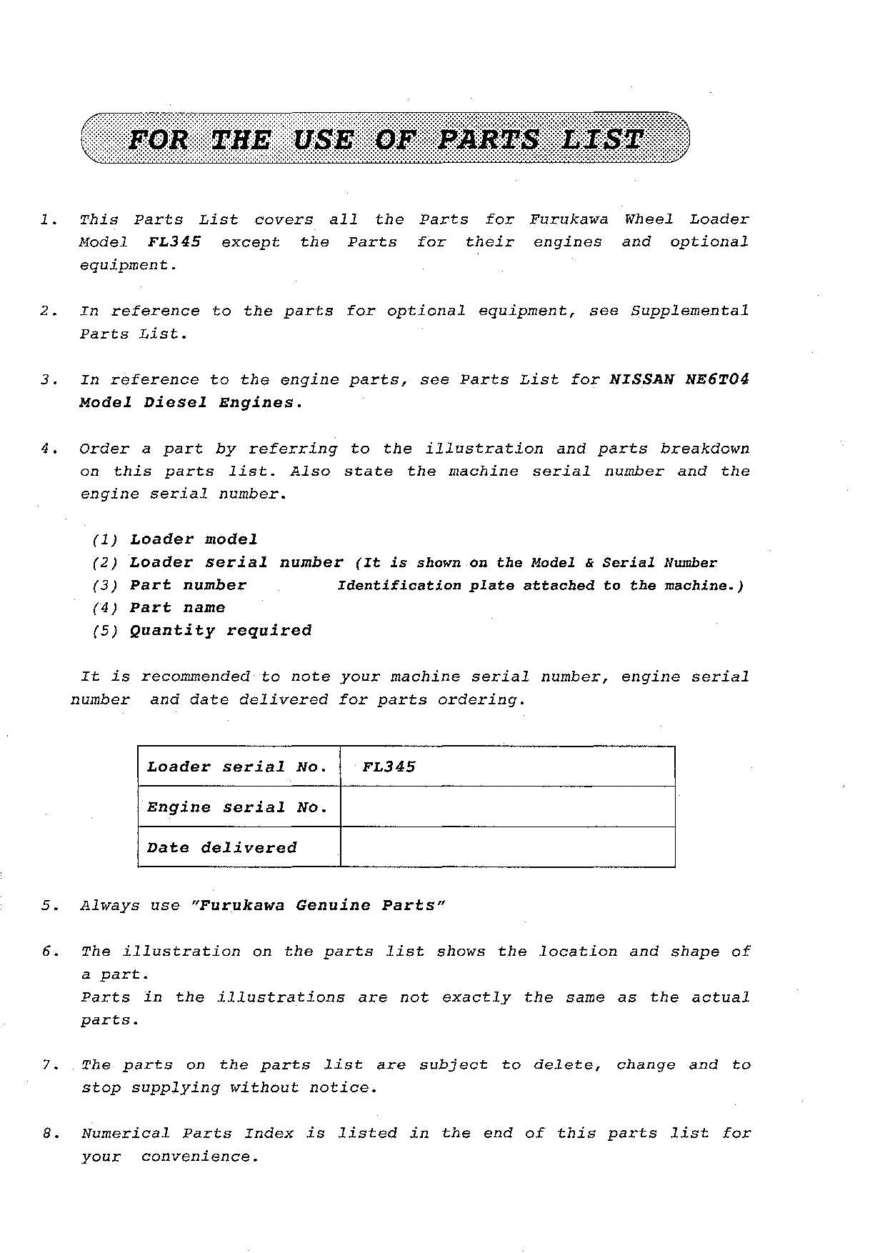 Hitachi FL345 Wheel Loader Parts Catalog Manual SN all