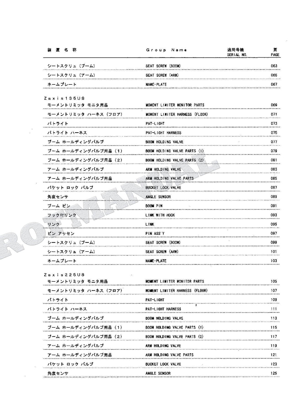 Manual del catálogo de piezas de la excavadora grúa HITACHI ZX75US 125US 135US 225US 225USR ML