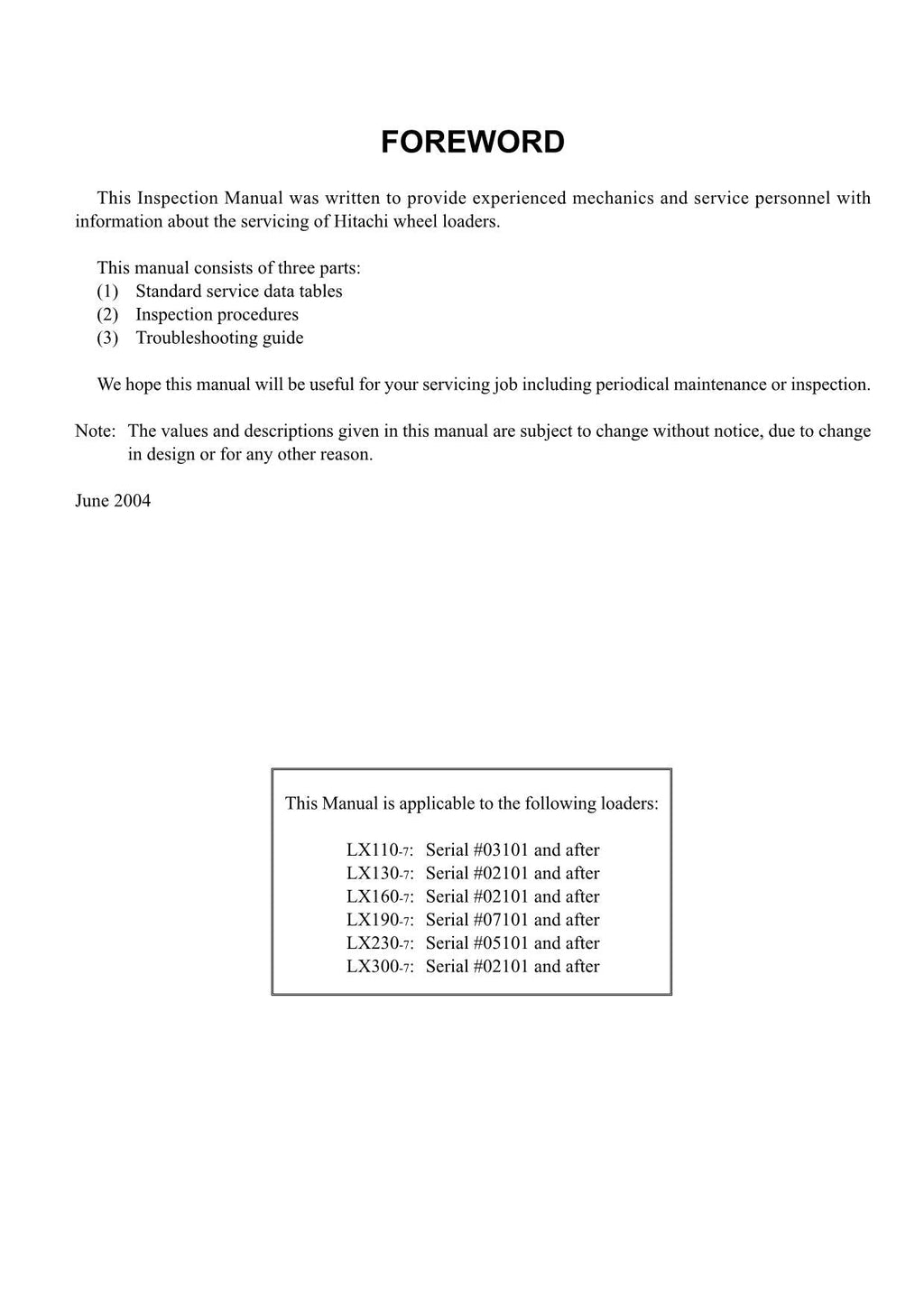Hitachi LX110-7 LX130-7 LX160-7 LX190-7 LX230-7 Loader Inspection Manual