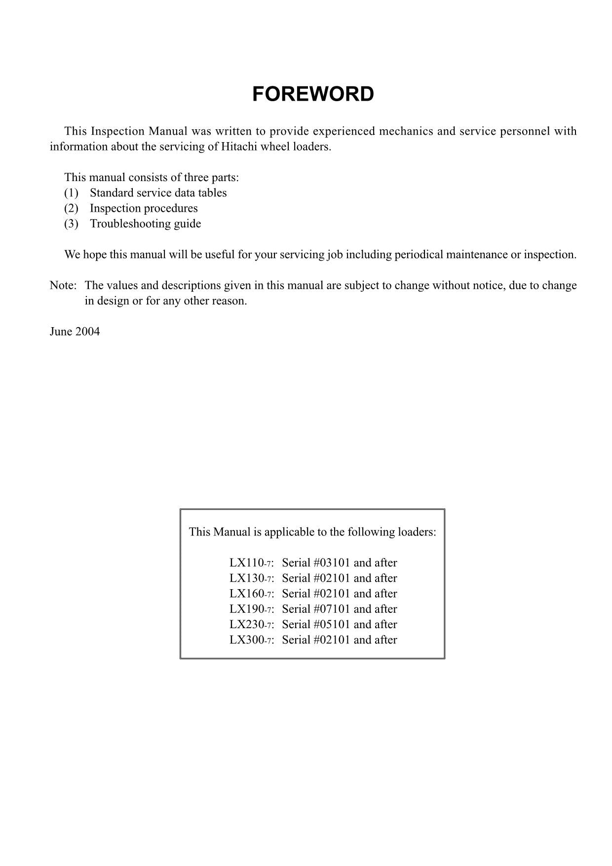 Hitachi LX110-7 LX130-7 LX160-7 LX190-7 LX230-7 Loader Inspection Manual