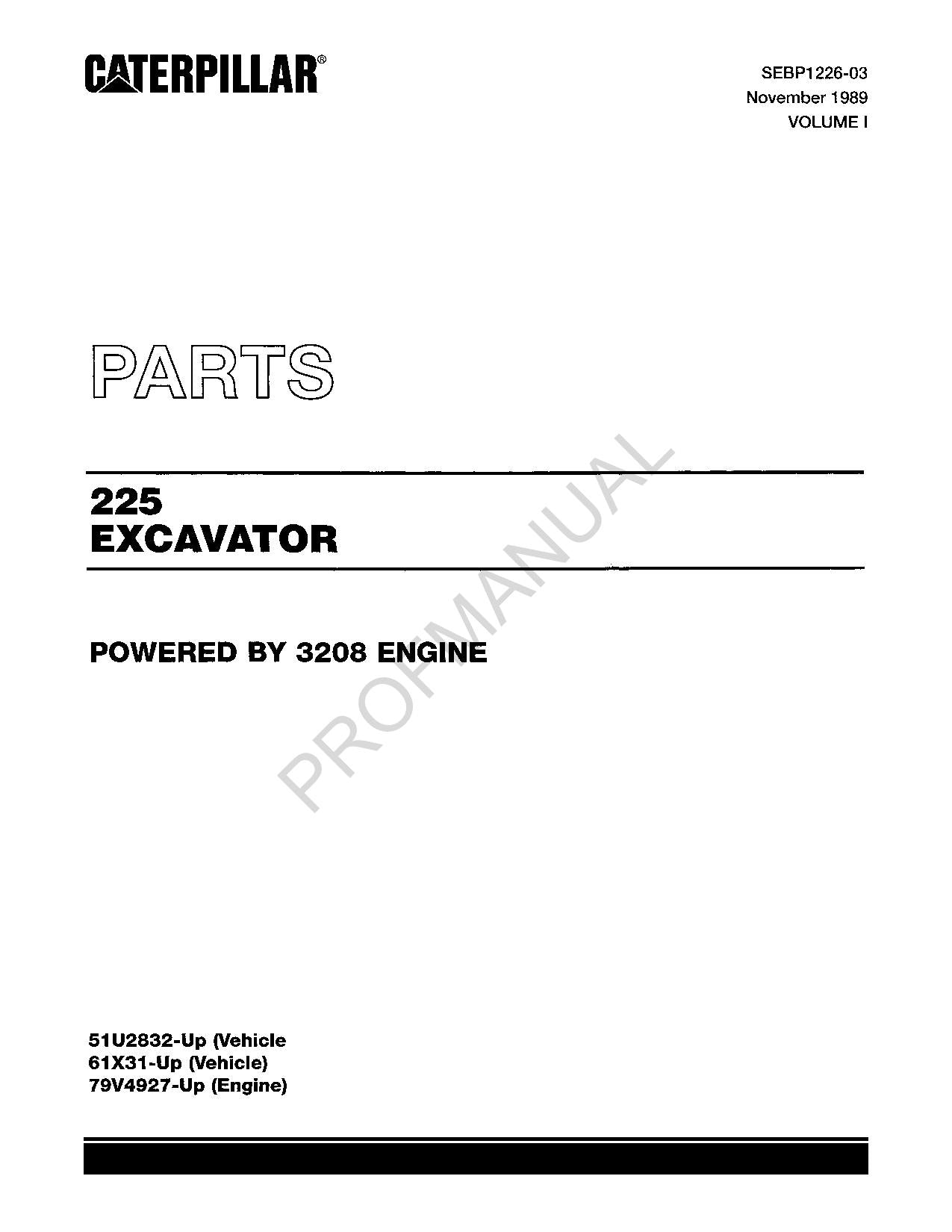 Manual del catálogo de piezas de la excavadora Caterpillar 225 79V4927-Up 61X31-Up 51U2832-Up