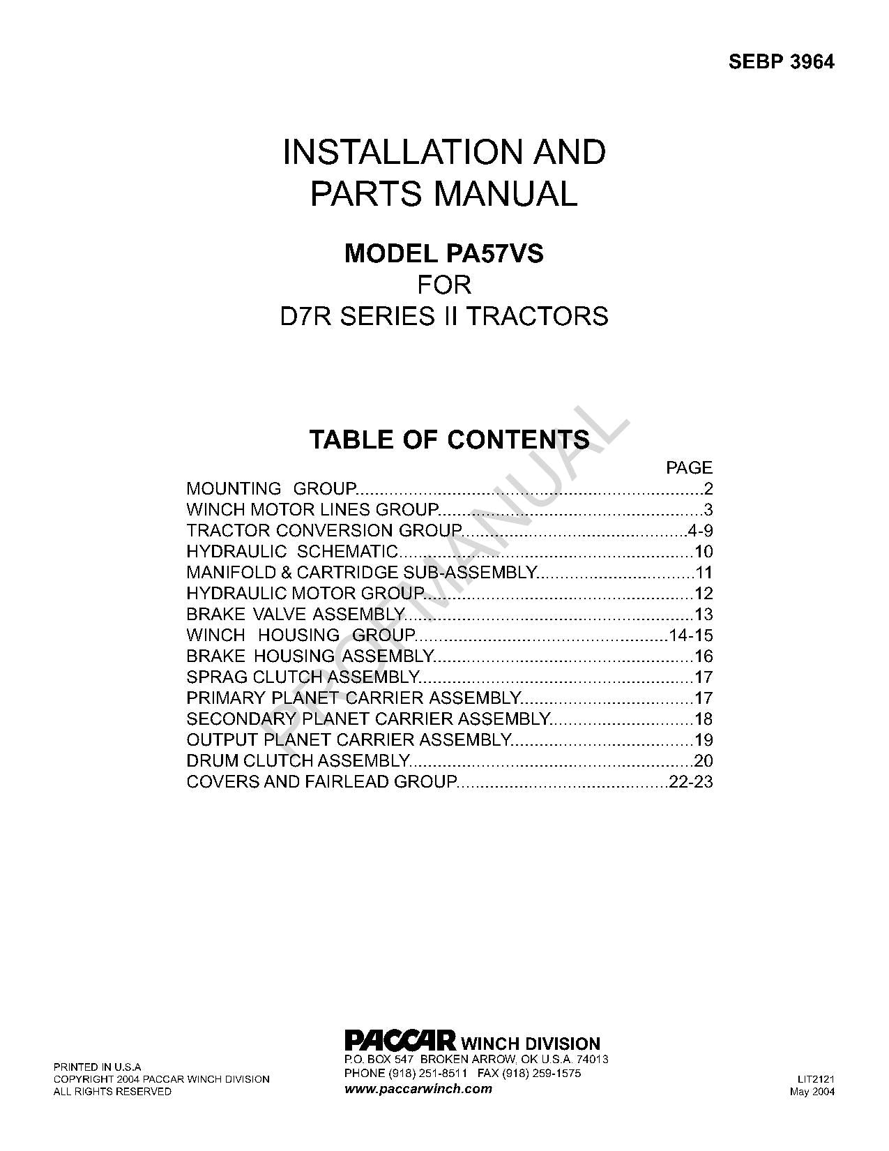 Caterpillar Cat PA57VS D7R II Tractor Parts Catalog Manual SEBP3964