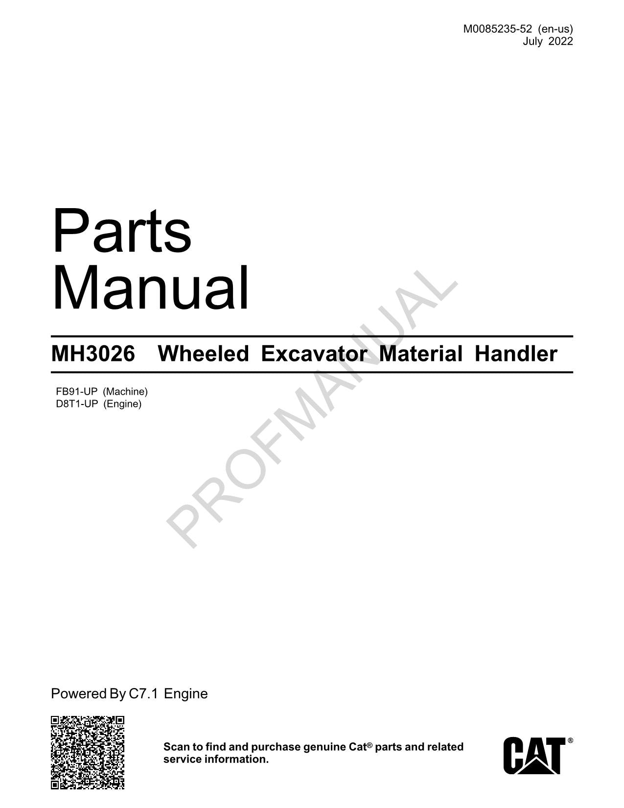 Caterpillar MH3026 Excavator Mat Handler Parts Catalog Manual FB91-UP D8T1-UP