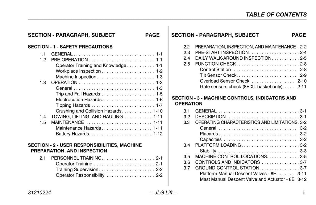 TOUCAN 10E 8E Vertical Lift Maintenance Operation Operators Manual