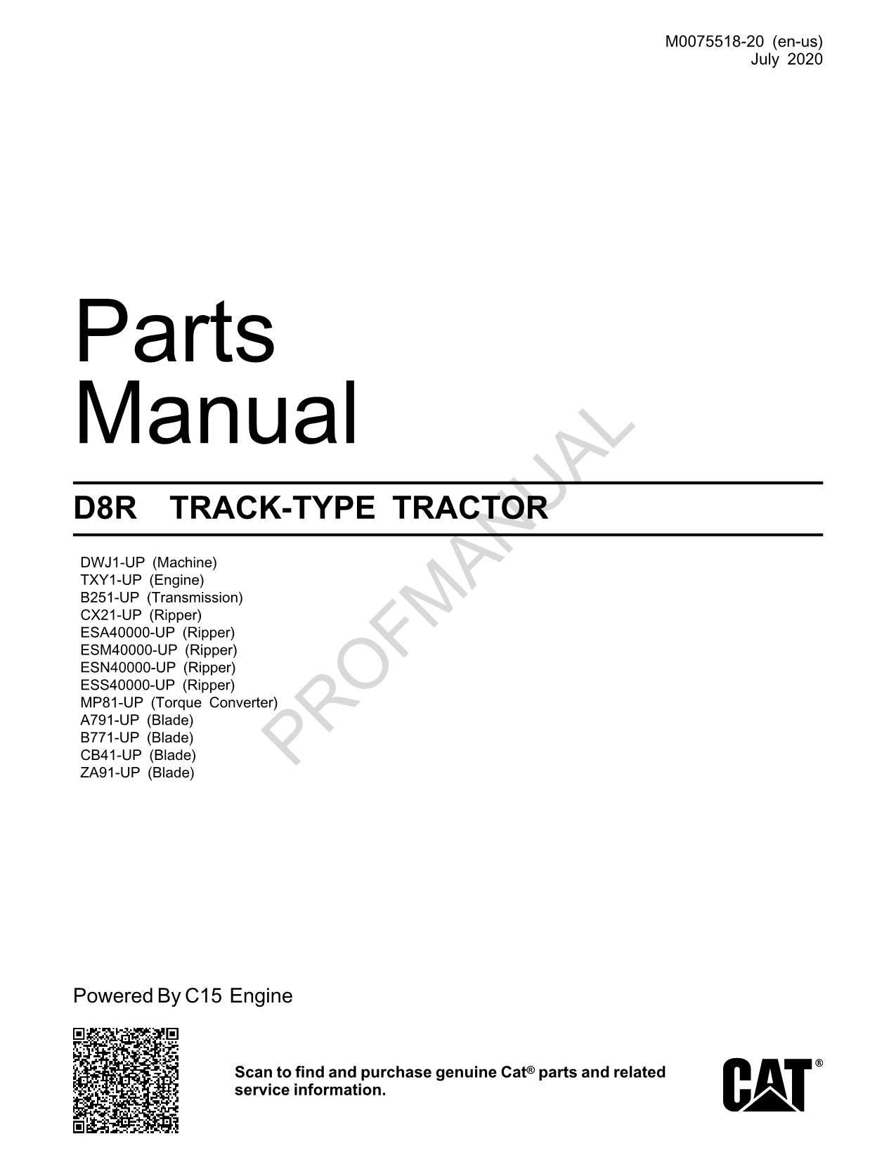 Caterpillar Cat D8R Track Type Tractor Parts Catalog Manual M0075518