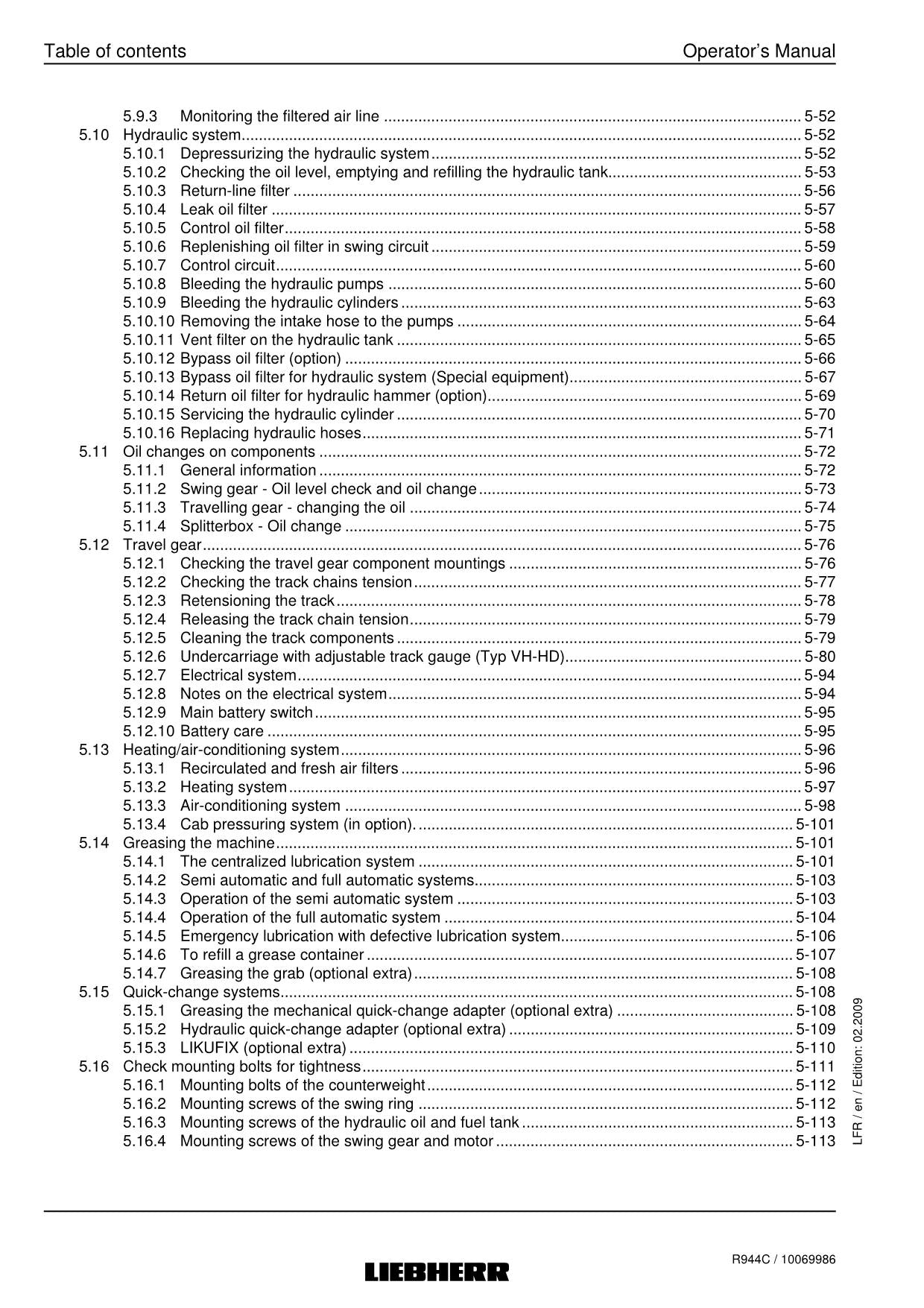 Liebherr R944 C Excavator Operators manual serial 22915