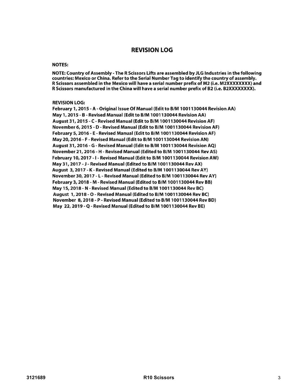 JLG R10 Scissor Lift Parts Catalog Manual